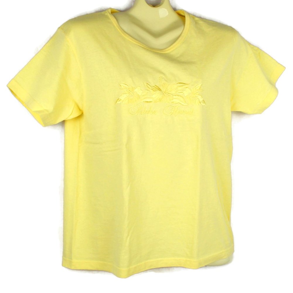 Aloha Hawaii Embroidered Women's T Shirt Cotton Soft NWOT Yellow Hibiscus